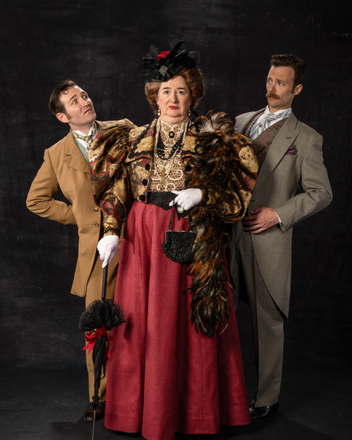 Rob Riordan (left) as Algernon Moncrief, Sarah Shippobotham as Lady Bracknell, and Christopher Joel Onken as Jack Worthing.
