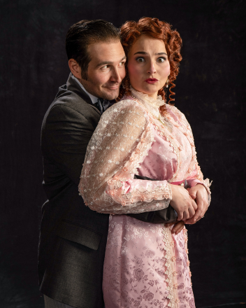 Rob Riordan (left) as Monty Navarro and Katie Drinkard as Sibella in A Gentleman’s Guide to Love and Murder, 2025.